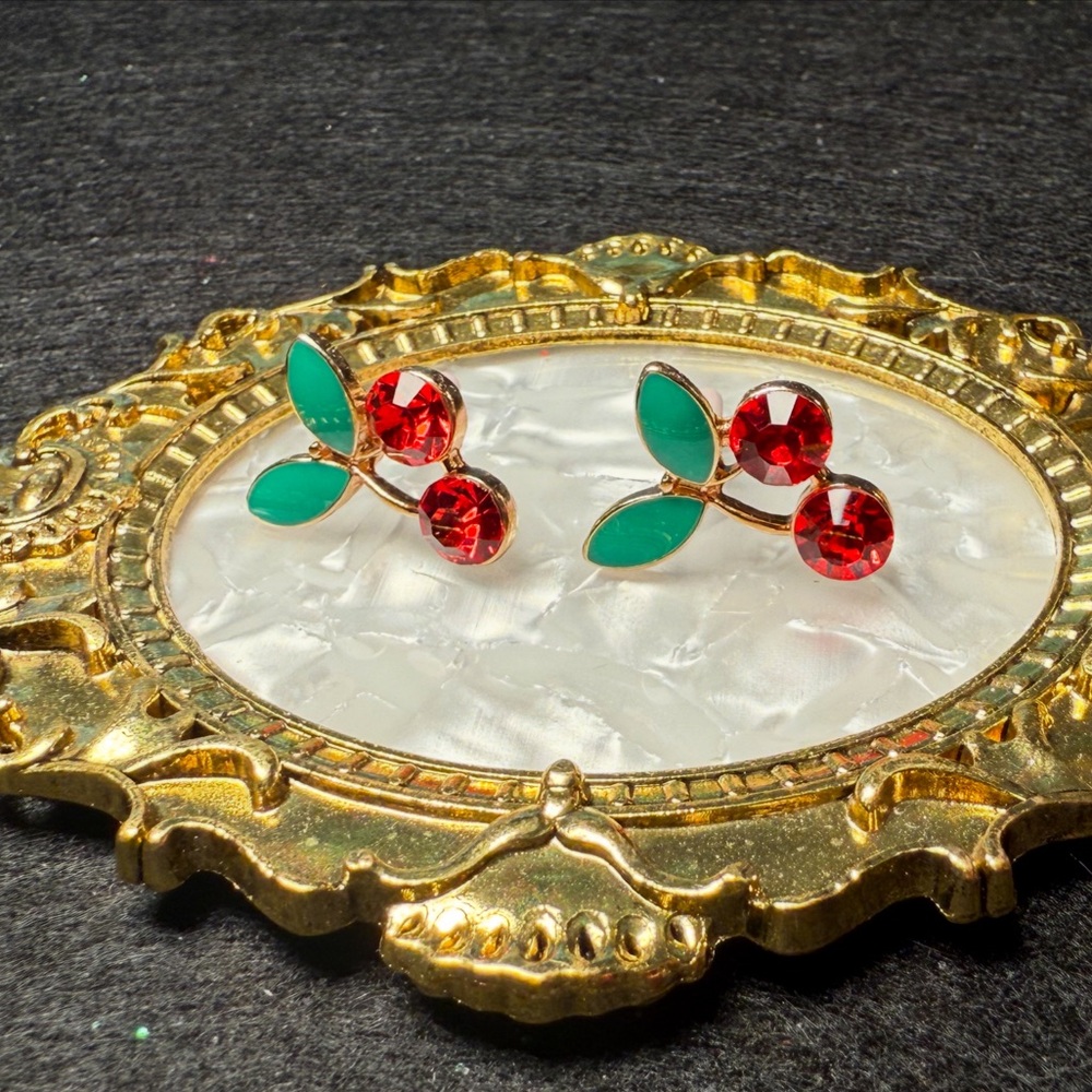 Vibrant Red Cherry Stud Earrings with Green Leaves